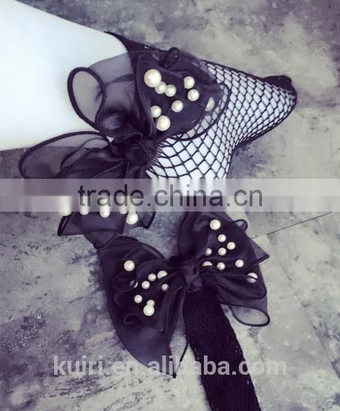 WS-36 2017New Hot Women Ruffle Large Fishnet Ankle High Socks Bow Tie Hollow Out Thin Mesh Lace Fish Net Short Socks photo-2