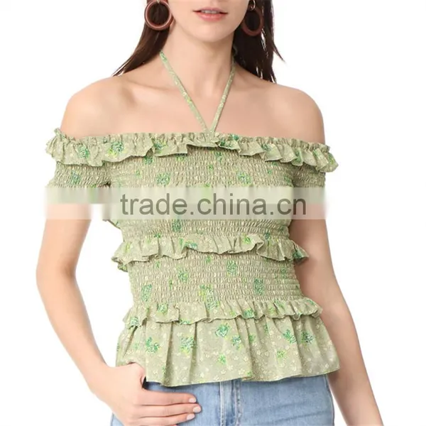 2017 OEM Femme Halter Ties Dainty Floral Elastic Ruffles Frill Blouse photo-2