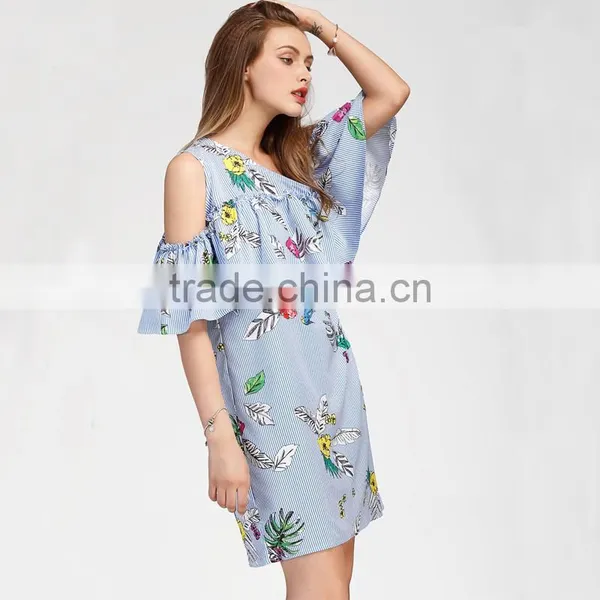 Oblique Shoulder Layered Dress, 2017 Ladies Blue Floral Print Dress photo-4