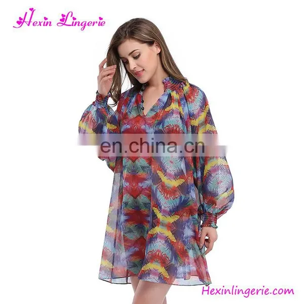 Women Cheap Sexy Printed Red Long Sleeve V-Neck Summer Beach Dress photo-5