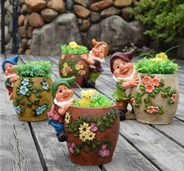 Resin Garden Gnome Elf Figurine Flower Pot Garden Decoration photo-2