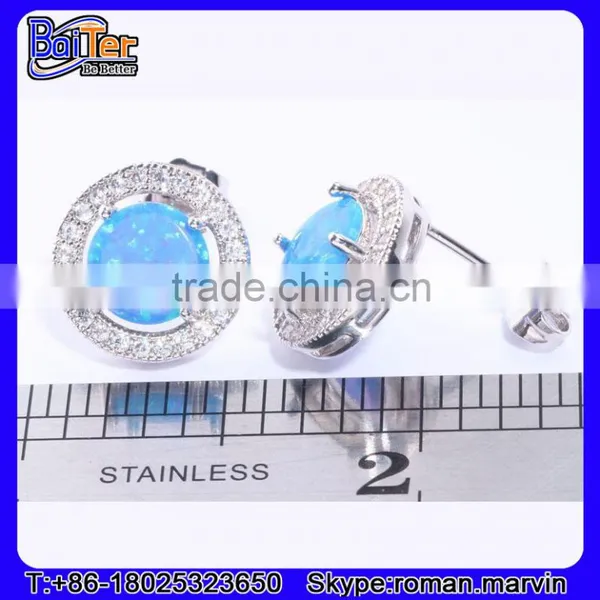 Rhodium Finish .925 Sterling Silver Synethic Blue Fire Opal Stud Earrings Wholesale photo-4
