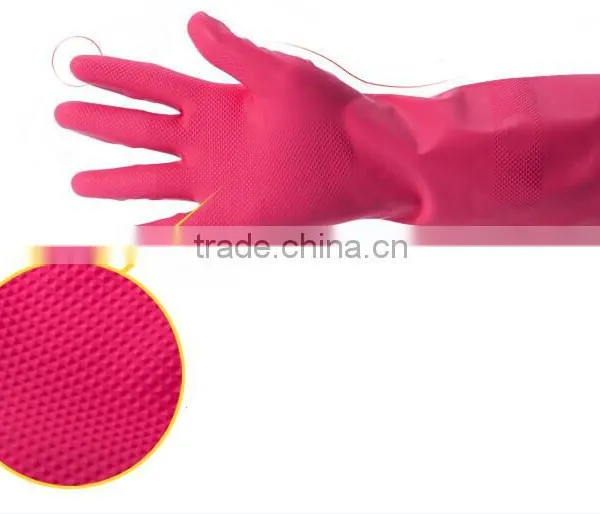 Pink Latex Household Gloves With Flock Lined Roll Long Cuff photo-2