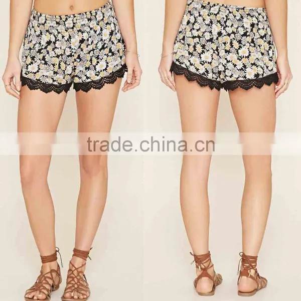 Summer Shorts Women 100% Rayon Cotton Smocked Waist Scalloped Crochet Trim High Waist Shorts Women