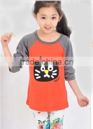 Wholesale Chidren Lovely Cat Pattern Print All Cotton Long Raglan Sleeve Hoodie for Girl photo-2