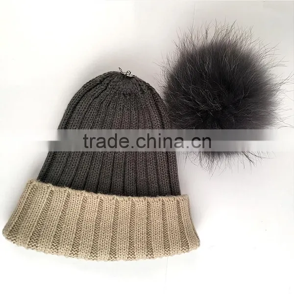 Myfur Beige/Grey Raccoon Fur Multi-Color Knitted Hat for Winter photo-3