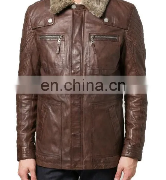Men Leather Shearling Coat With Fur Collar