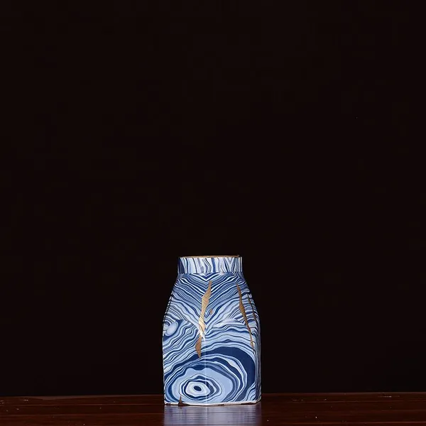 New Chinese Modern Simple Hexagon Electroplate Blue White Stripe Ceramic Vase For Indoor photo-2