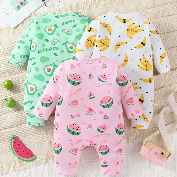 3pcs Newborn Baby's Cartoon Fruit Pattern Onesie, Comfy Casual Long Sleeve Romper, Toddler & Infant Girl's Bodysuit photo-2
