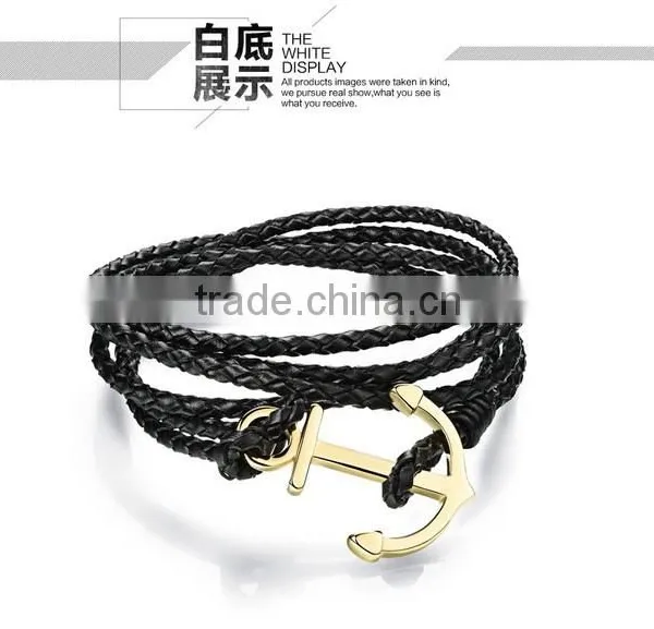 Multilayer Handmade Woven Leather Bracelet Stainless Steel Gold Boat Anchor Alloy Charms Man Anchor Bracelets photo-3