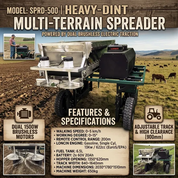 Smart Farming Remote Control Manure Spreader With 500L Stainless Steel Hopper Dual Spinner Disc System