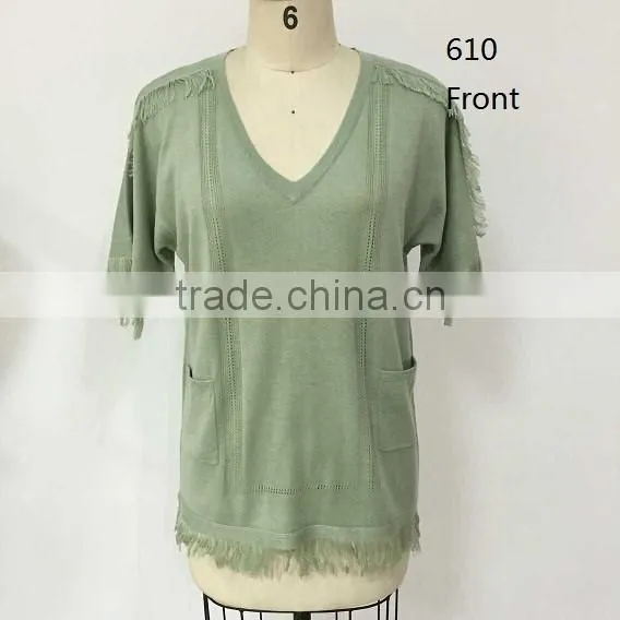 2016 Spring/Summer v Neck Short Sleeve Pointell on Front With Fringe Fashion Pullover Garment photo-2