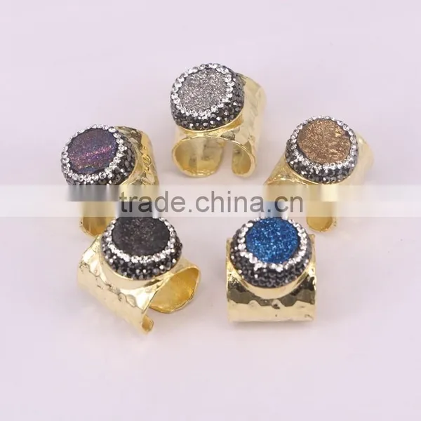 Natural Agate Stone Druzy Rings, Metal Copper Gold Plated Wide Band Crystal Zircon Paved Agate Ring photo-2