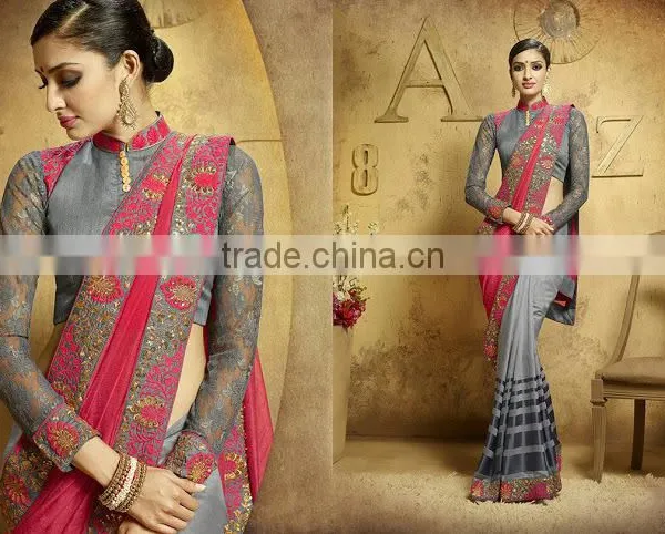 Viscose Red Resham Work Lehenga Saree photo-3