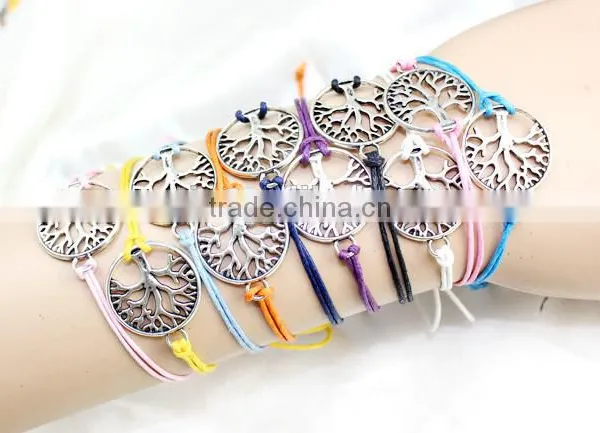 Antique Silver Hollow Tree of Life Charm Bracelet Customized Charm Wax Cord Bracelet Cheap Personalzied Bracelet for Promotion photo-2