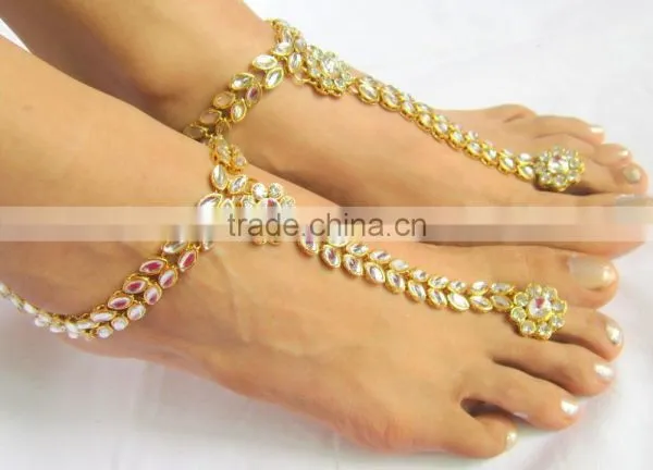 KUNDAN GOLD PAYAL Anklets Pair Toe Ring Barefoot Sandal photo-4