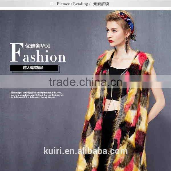 2016 Europe New Design Colourful Warm and Soft Faux Fox Fur Long Coat Faux Fur Overcoat Without Sleeves photo-3