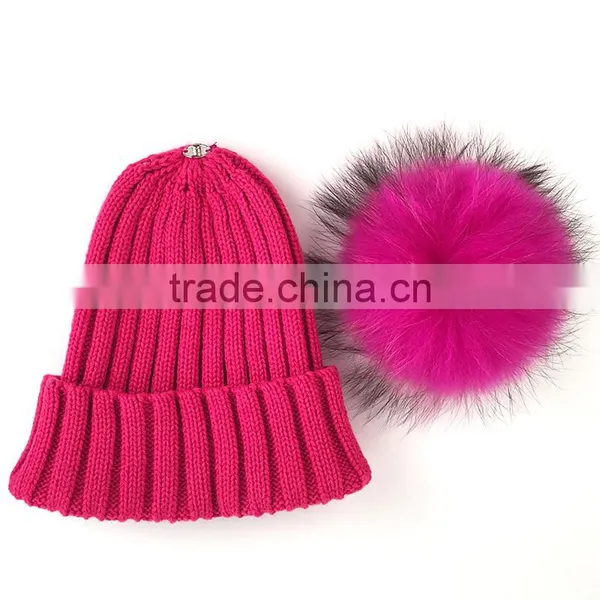 Myfur Hot Pink Fluffy Raccoon Fur Ball Knitted Beanie Hat for Fashion Lady photo-3