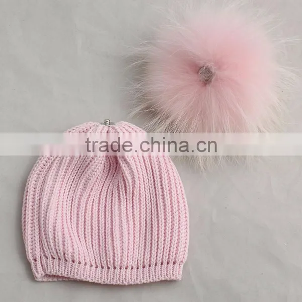Myfur Wool Knitting Hat With Removable Pink Color Raccoon Fur Pom Pom Attached photo-5
