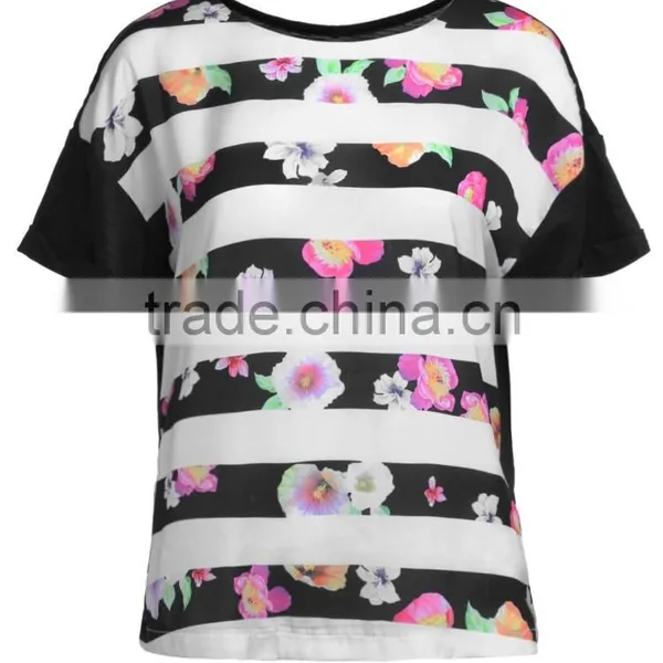 Women's Knitted Woven Combined Stripe Printing Short Sleeve Loose T Shirt Wholesale photo-2