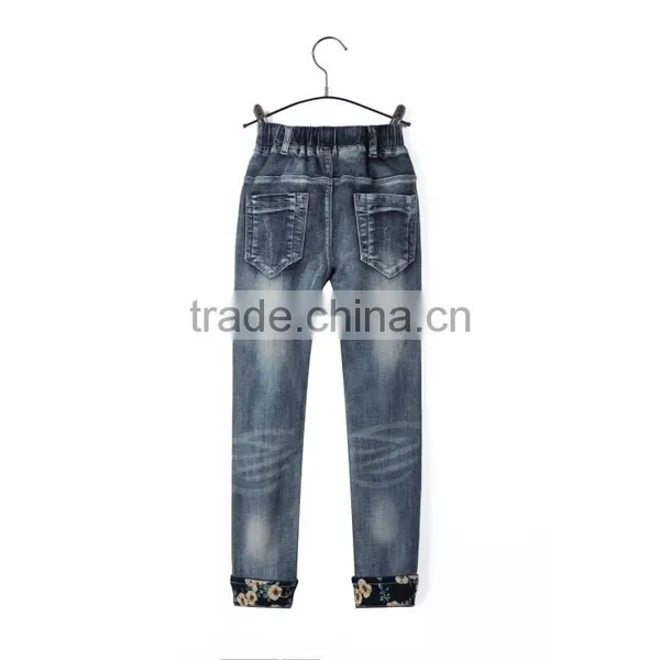 New Products Good Quality Elastic Waist Roll up Hem 3D Rose Printing Blue Wholesale Jeans Pants for Kids photo-2