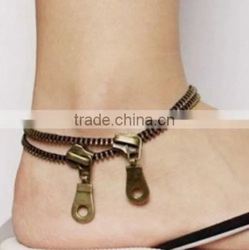 Fashion Jewelry Punk Retro Zipper Anklet Bracelet Double Chain Bangle Bronze for Girl Boys photo-5