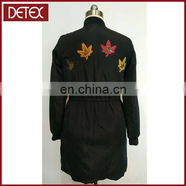 Wholesale Women Embroidery Black Long Bomber Jacket photo-3