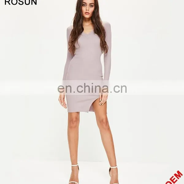 ROSUN China Factory OEM Cut Out V Neck Ribbed Midi Sweater Dress photo-4