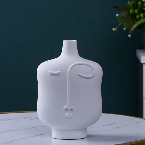 Abstract People Face Nordic Style White Ceramic Vase Three-Piece For Soft Decoration photo-2