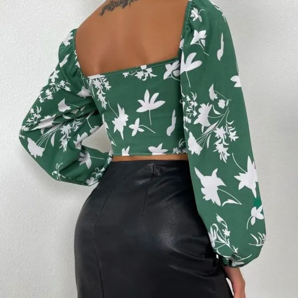 Floral Print Women Long Sleeve Crop Blouse photo-2