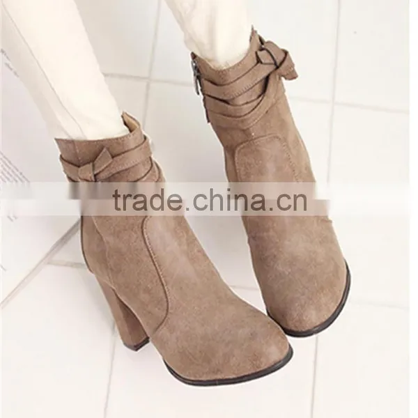 New Arrival High Heel Ladies Suede Ankle Gray European Button Ankle Boots Shoes photo-2