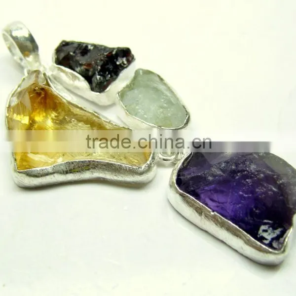 Citrine Amethyst Garnet Aquamarine Rough Gemstone Pendant, 925 Solid Sterling Silver Pendant, Designer Raw Bezel Pendant