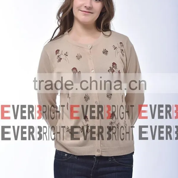 Classic Women Cardigan Woollen Intarsia Sweater With Button