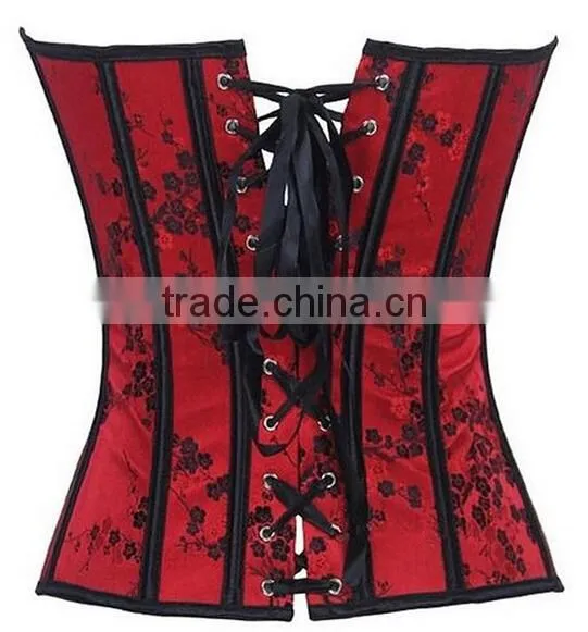 Women's Floral Print Pin Up Boned Overbust Waist Cincher Corset Red Top photo-2