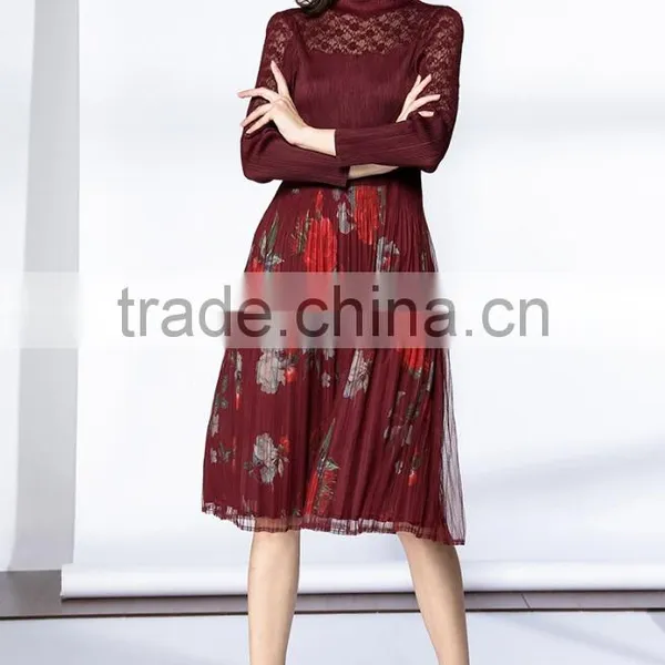 Pleat Large Sized Spring Lace Splicing Printed Dress for Women photo-5