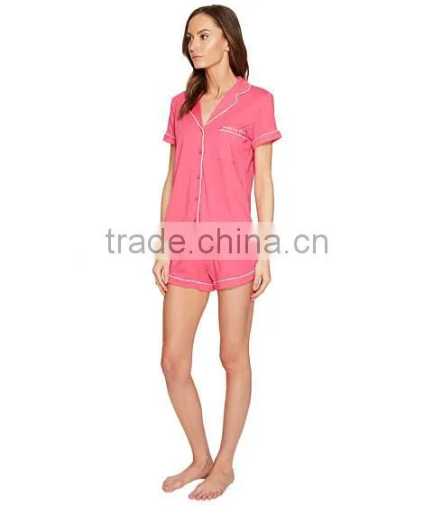 Pink Short Pyjamas Set Contrast Piping New York Pajamas Sleepwear Clothing Short Sleeves And Short Pants Shirttail Hem Nightwear photo-3
