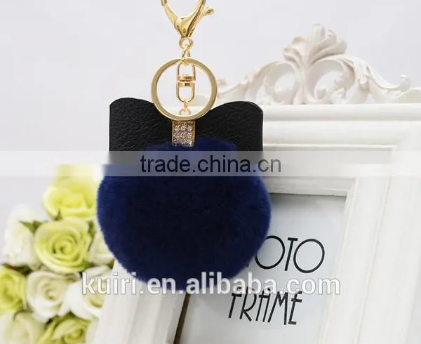 Sweety Cute Koreal Style Rex Rabbit Fur Balls Keychain With Bowknot Leather Keychain photo-3
