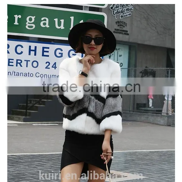 Trendy Rabbit Fur Coats For Women Winter Warm Natural Real Fur Coat Short Patchwork Strip Korean Style O-neck Jackets Customized photo-3