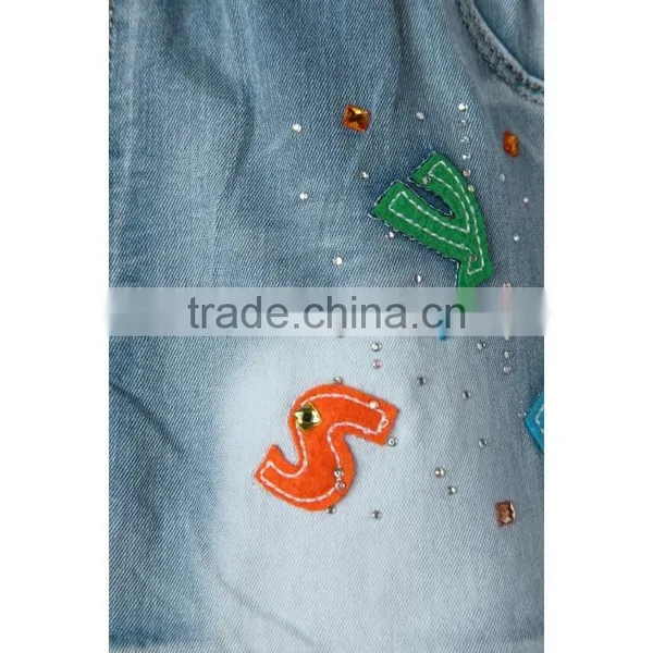 Fashionable Design Newest Style Colorful Stutched Letters Lace Hem 100 Cotton Blue Cheap Jeans for Kids photo-6