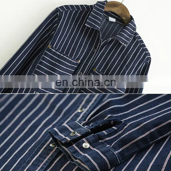 Vertical Striped Classic Denim Shirt Women Fashion Denim Blouse photo-3