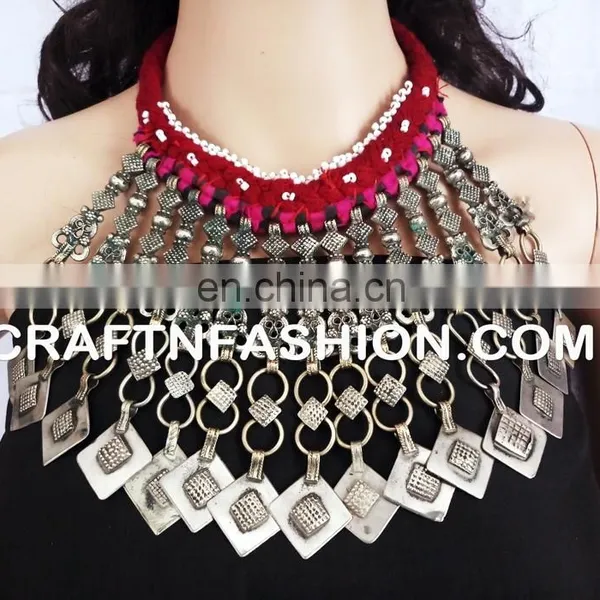 Vintage Style Kuchi Necklace - Afghan Bib Tribal Old Necklace - Designer Afghani Bohemian 1960s Jewelry photo-2