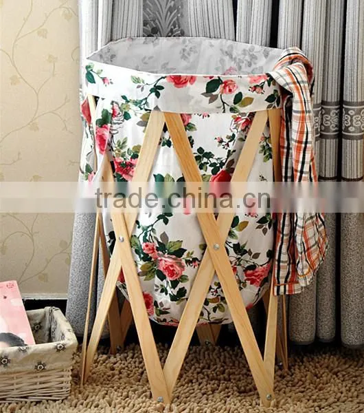 High Quality Round Home Foldable Laundry Storage Basket With Wood photo-2