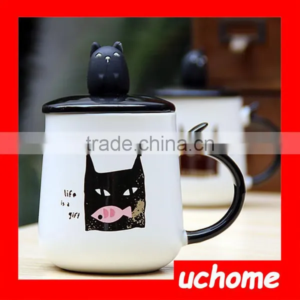 UCHOME Cat Design Ceramic Couple Mugs With Spoon And Lid photo-3