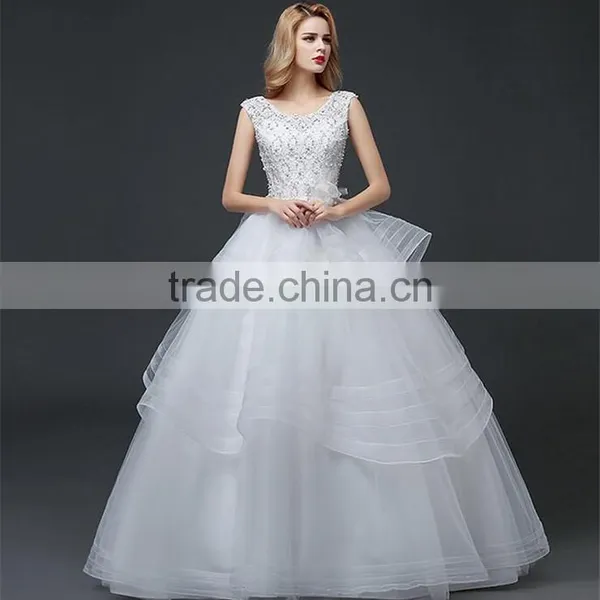 Cream Sleeveless A-line Tiered Wedding Dress Beaded Corchet Cut Out Back Crisscross Bride Grown photo-3