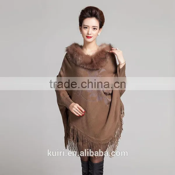 Personality Top Quality Luxury Cashmere Women Shawl Pashmina With Faux Fox Fur Trim Collar Tassel Poncho photo-4