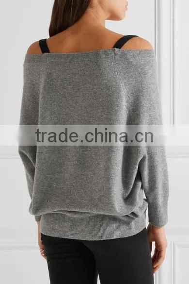 Custom Made Women Gray and Black Cashmere Off-Shoulder Cardigan With Black Shoulder Straps photo-3