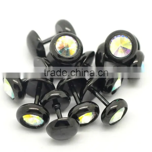 4PCs Cool 16 Gauge 316L Surgical Grade Steel Clear AB Color Rhinestone Fake Ear Plugs photo-2