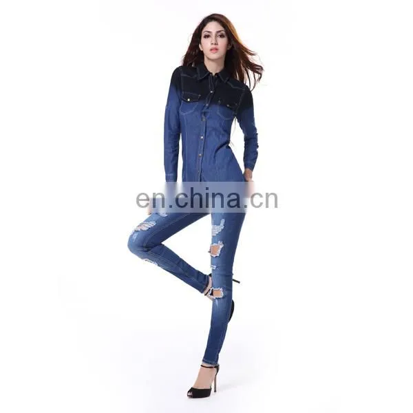 Long Sleeve Navy Factory Wholesale Ladies Denim Shirts photo-3
