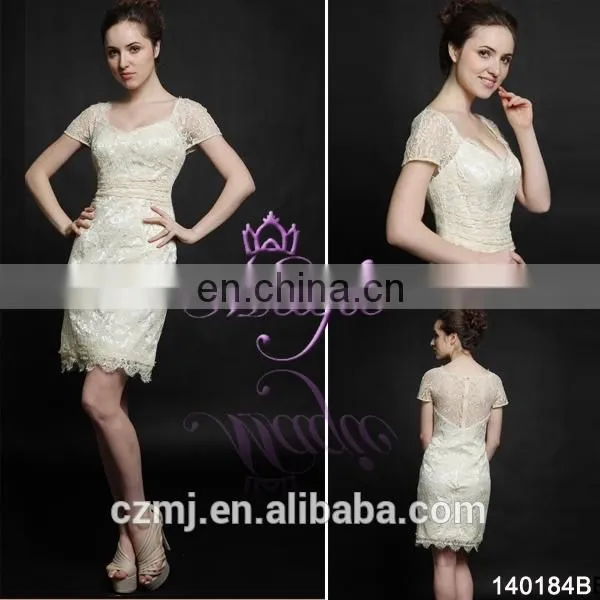 Stock Light Beige Short Sleeve v Neck Short Lace Dress for Online Shopping