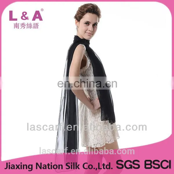 Black Solid Color Silk Long Wrap Shawl photo-3